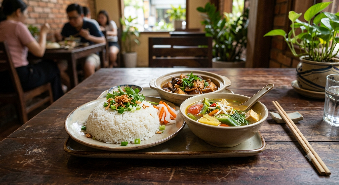 Nền tảng phối hợp hương vị giữa cơm, món kho và món canh chay