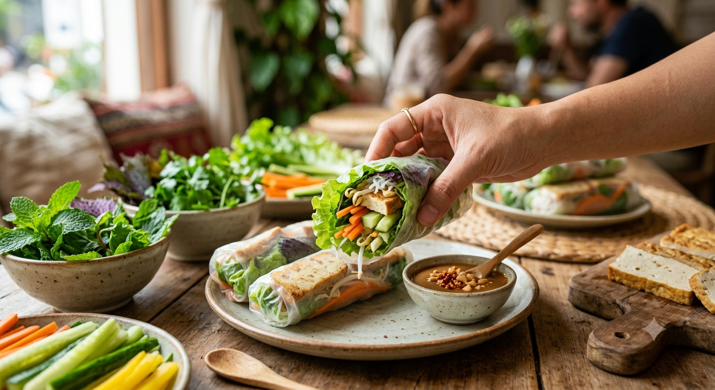 Sự hòa quyện của rau tươi trong món cuốn chay
